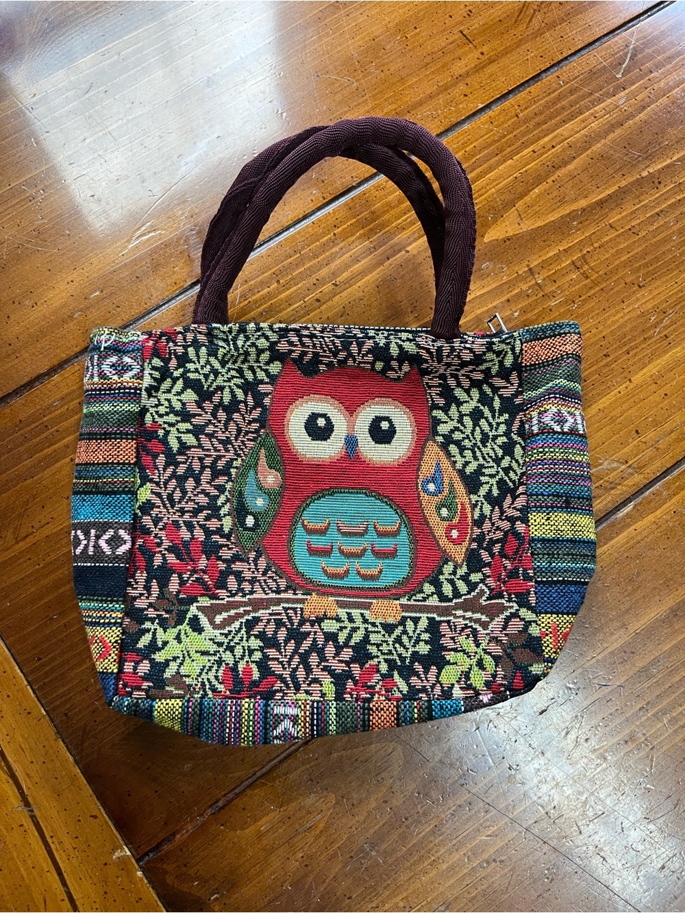 Vintage Tapestry Owl Mini Tote Handbag | Boho Colorful | EUC